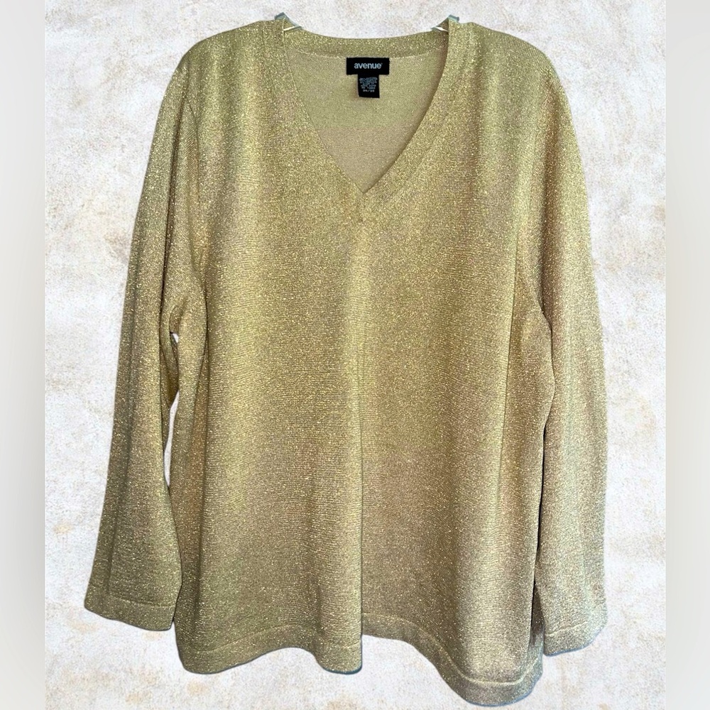 AVENUE Gold Metallic Thread Holiday V-
Neck Sweater Size 26/28